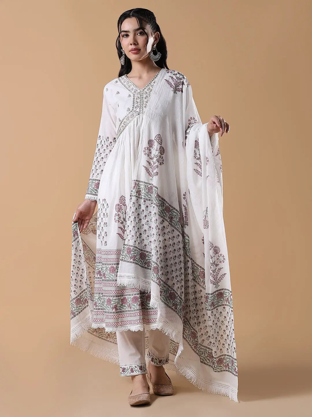 Women's Hand Block Print Anarkali Thread Work White Kurta Set with Dupatta