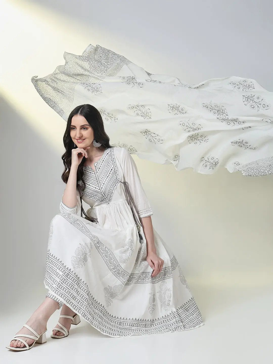 Women's Ethnic White Graphic Anarkali Kurta Set with Dupatta