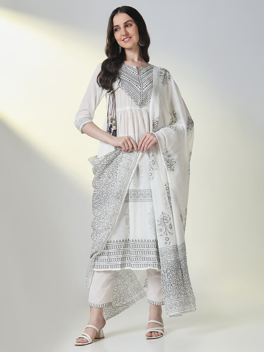 Women's Ethnic White Graphic Anarkali Kurta Set with Dupatta