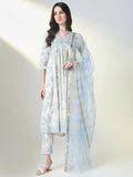 Women's Ethnic White Floral A Line Kurta Set with Dupatta
