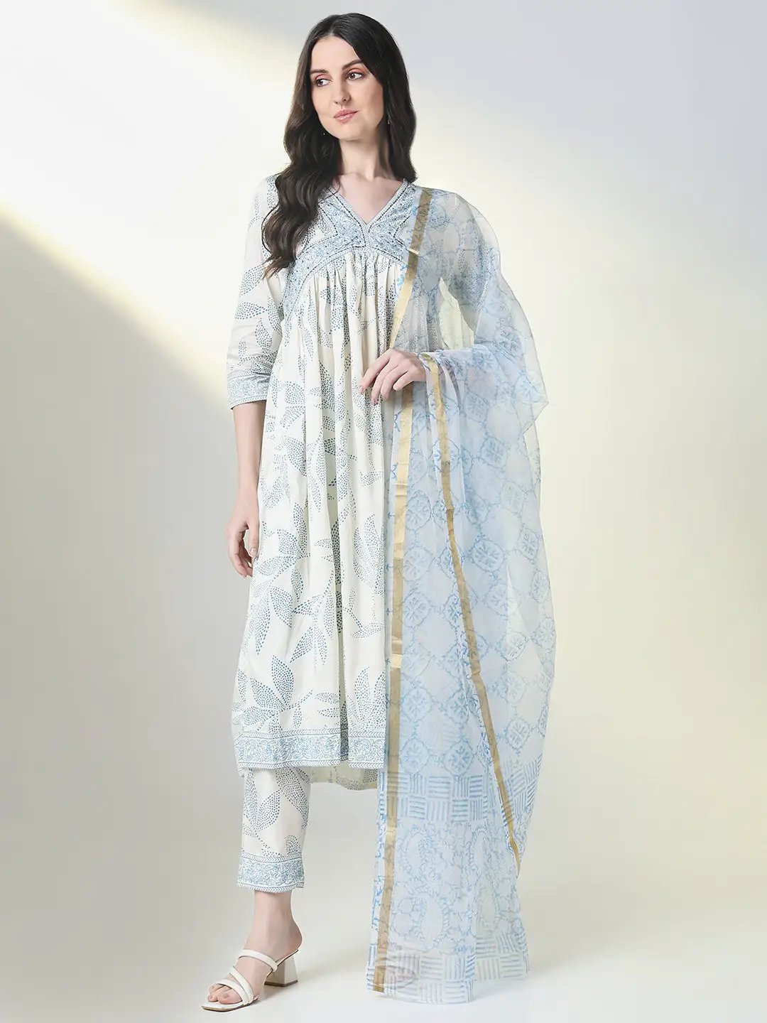 Women's Ethnic White Floral A Line Kurta Set with Dupatta