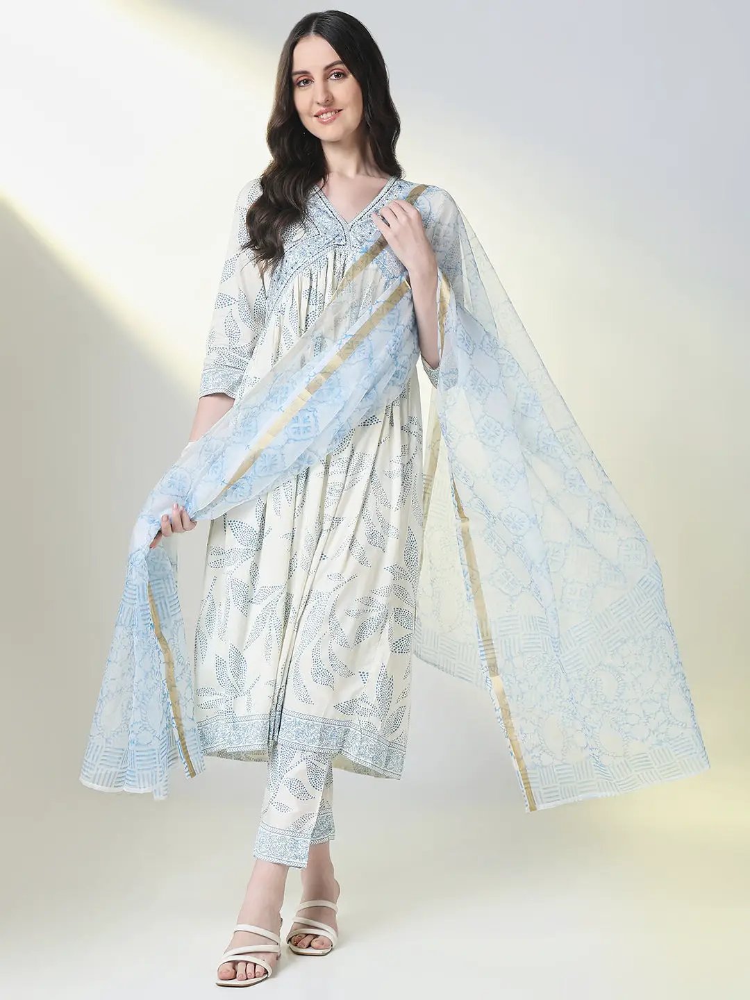 Women's Ethnic White Floral A Line Kurta Set with Dupatta