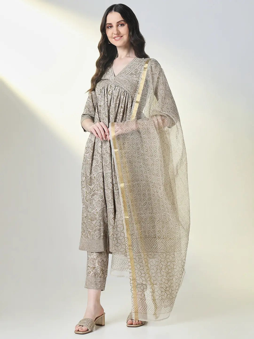 Women's Grey Graphic A Line Kurta Set with Dupatta