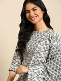 Women's Grey Printed Mirror Work Kurta Set with Dupatta