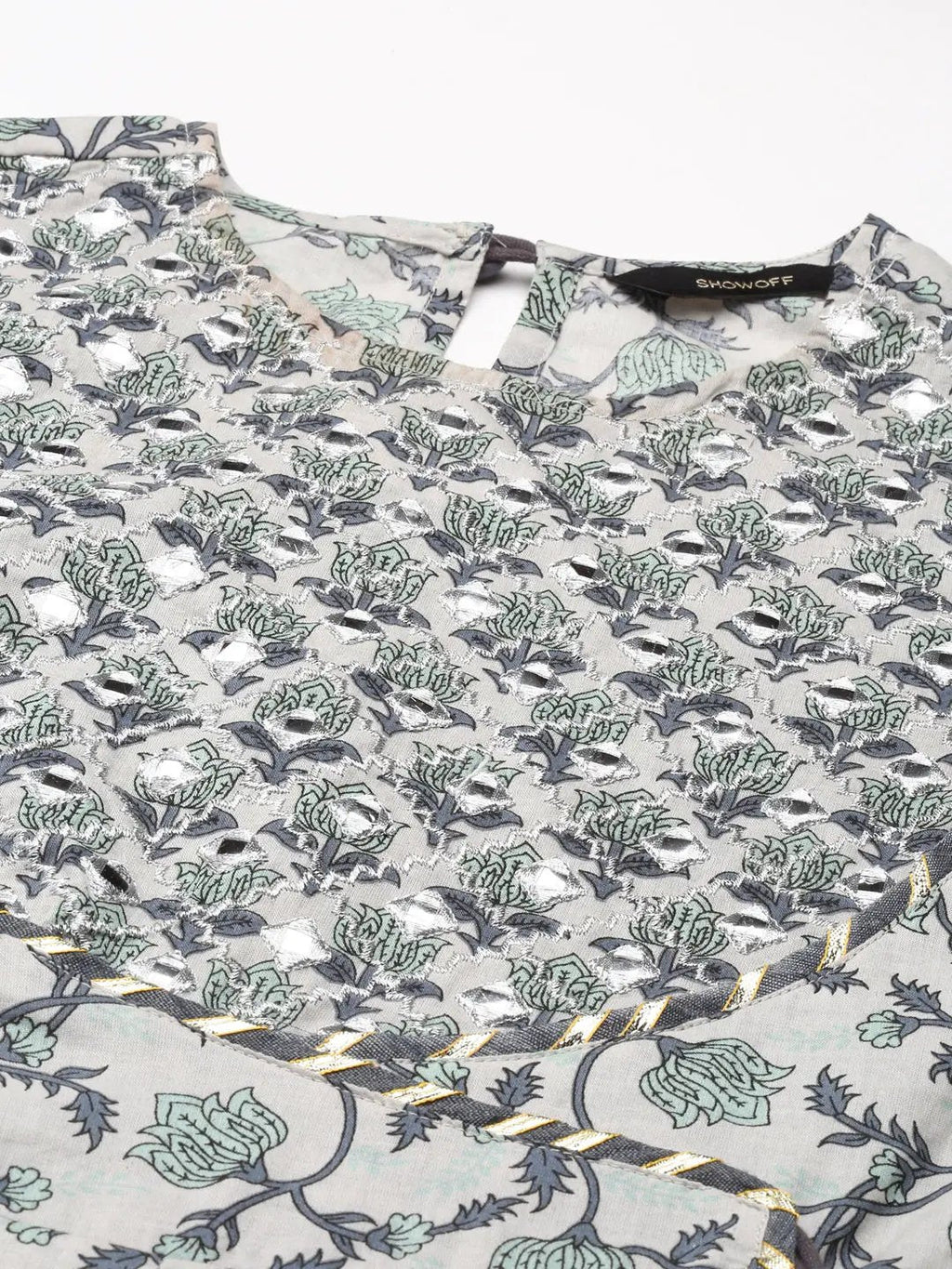 Women's Grey Printed Mirror Work Kurta Set with Dupatta