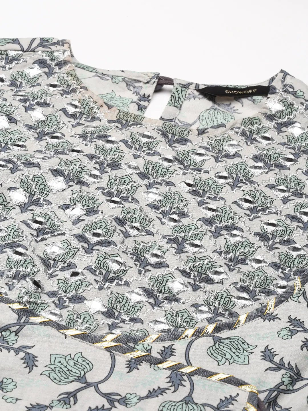 Women's Grey Printed Mirror Work Kurta Set with Dupatta