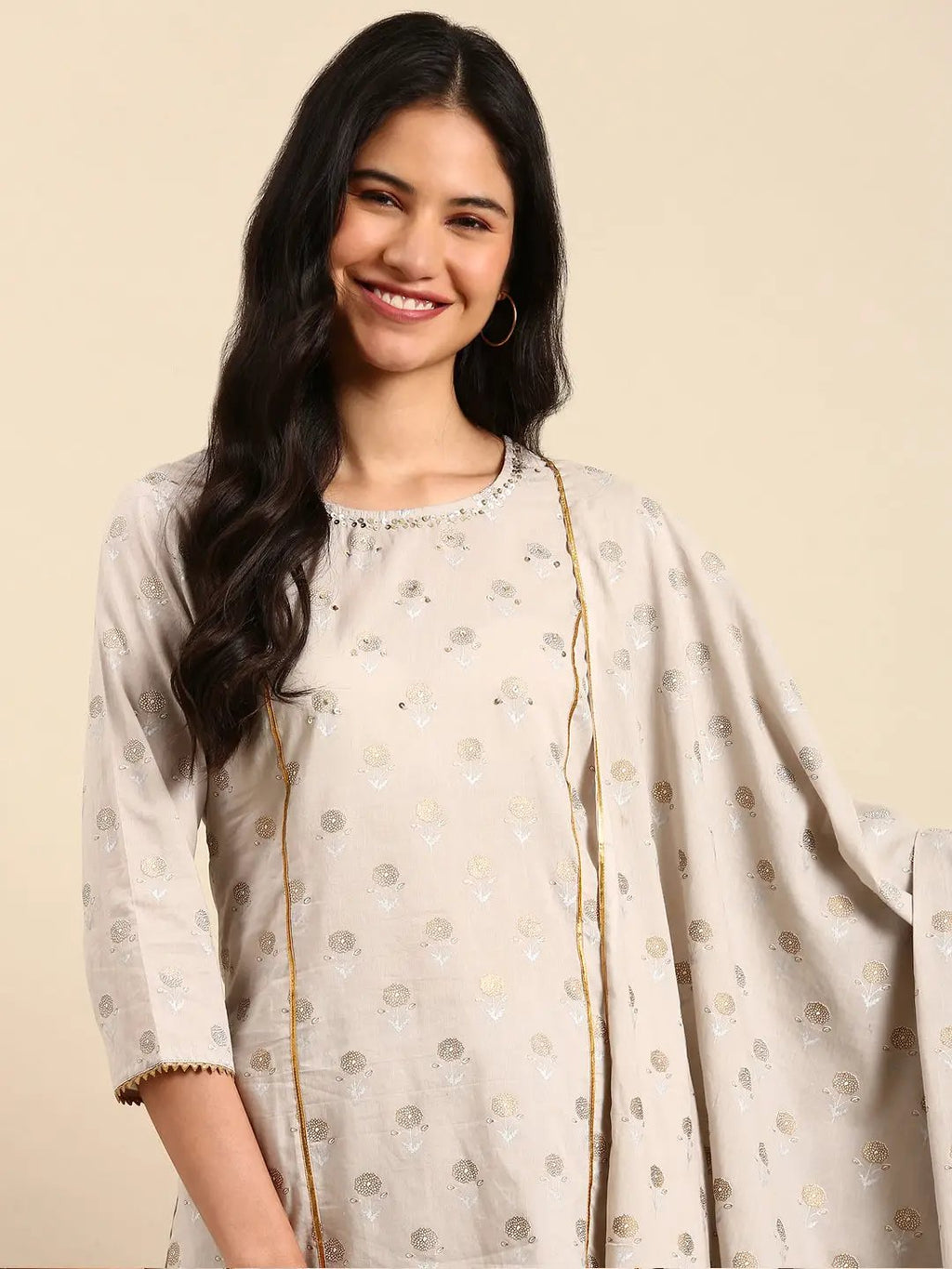 Women's Ethnic Printed Floral Cream Straight Kurta Set with Dupatta