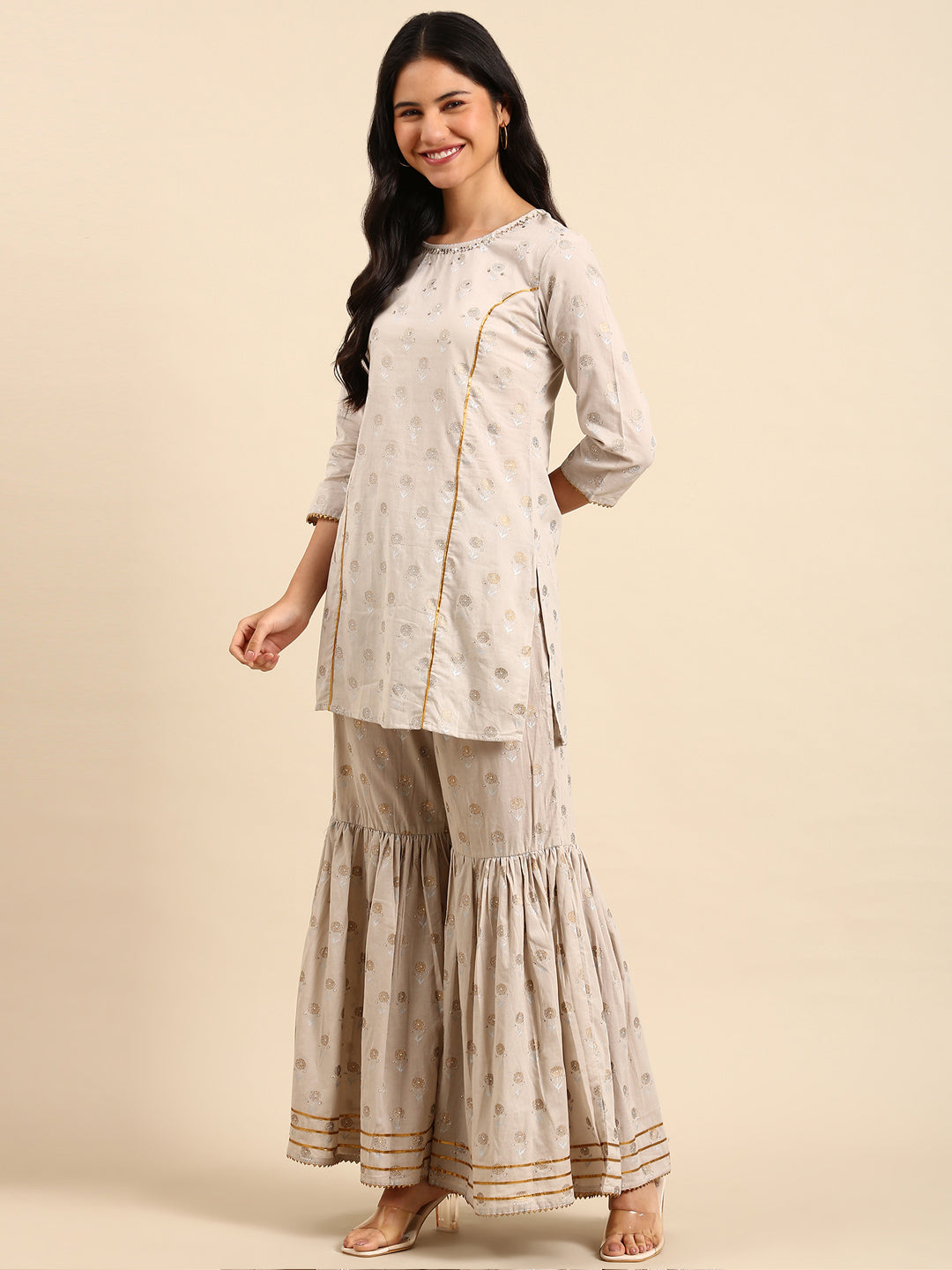 Women's Ethnic Printed Floral Cream Straight Kurta Set with Dupatta