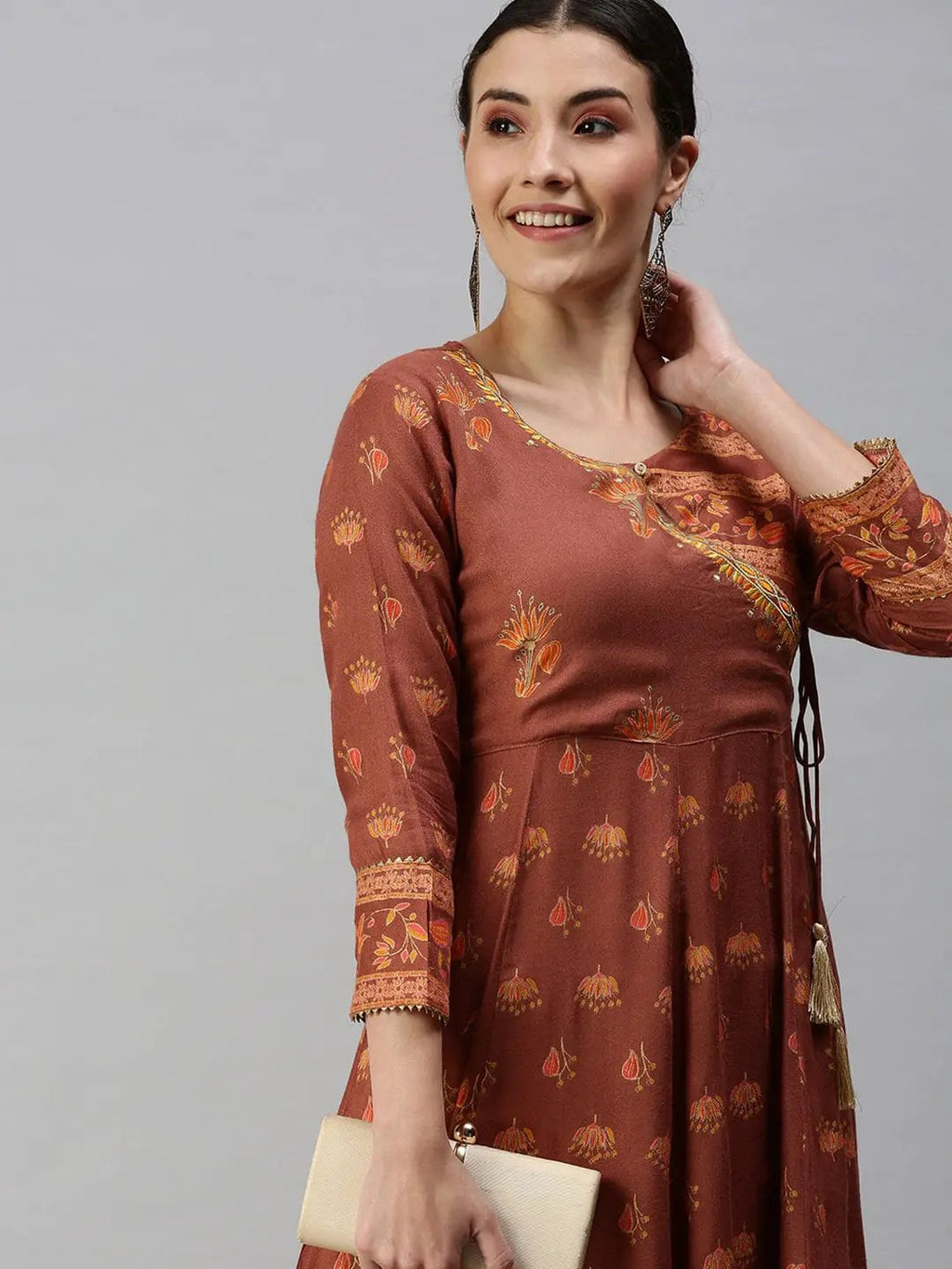 Women's V-Neck Printed Rust Anarkali Kurta