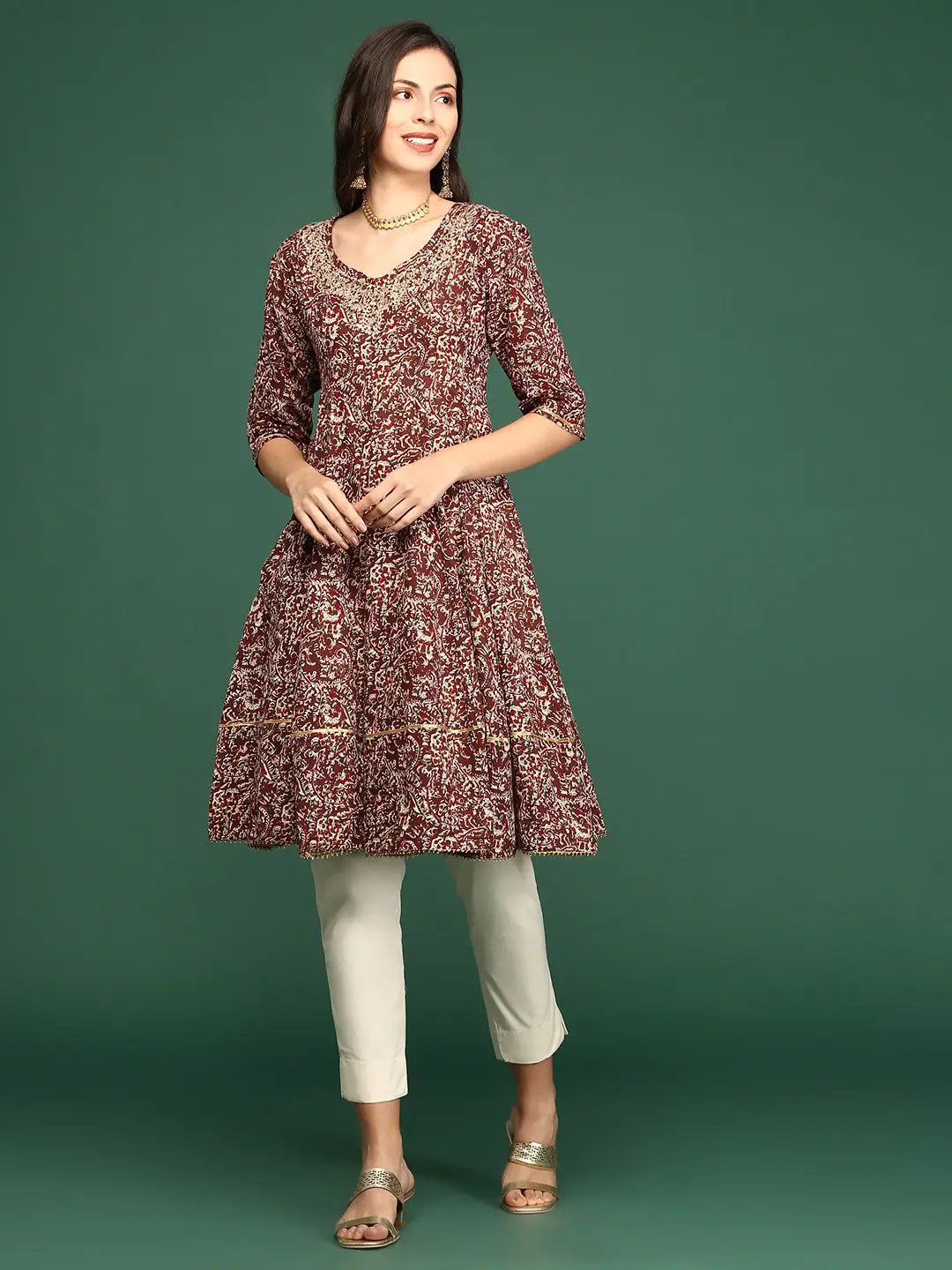Women's Maroon Ethnic Printed A-Line Kurta
