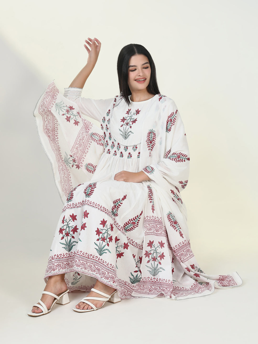 Women's Graphic White Anarkali Kurta Set with Dupatta