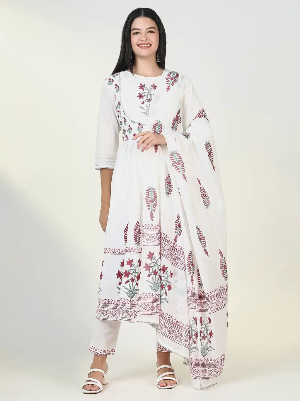 Women's Graphic White Anarkali Kurta Set with Dupatta