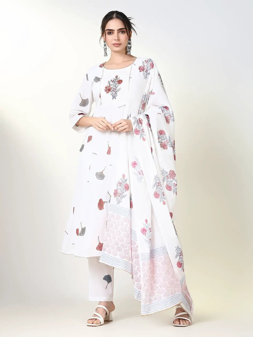 Women's Floral Ethnic White Straight Kurta Set with Dupatta