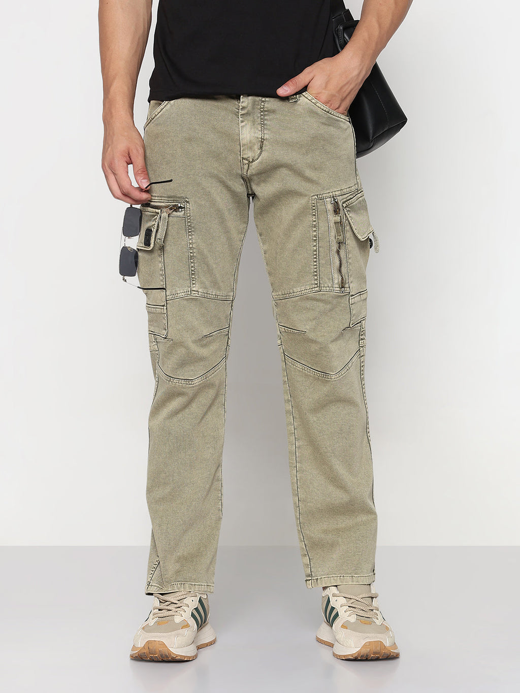 Men's Khaki Straight Fit Cargo Jeans with Zipper Detailing