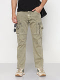 Men's Khaki Straight Fit Cargo Jeans with Zipper Detailing