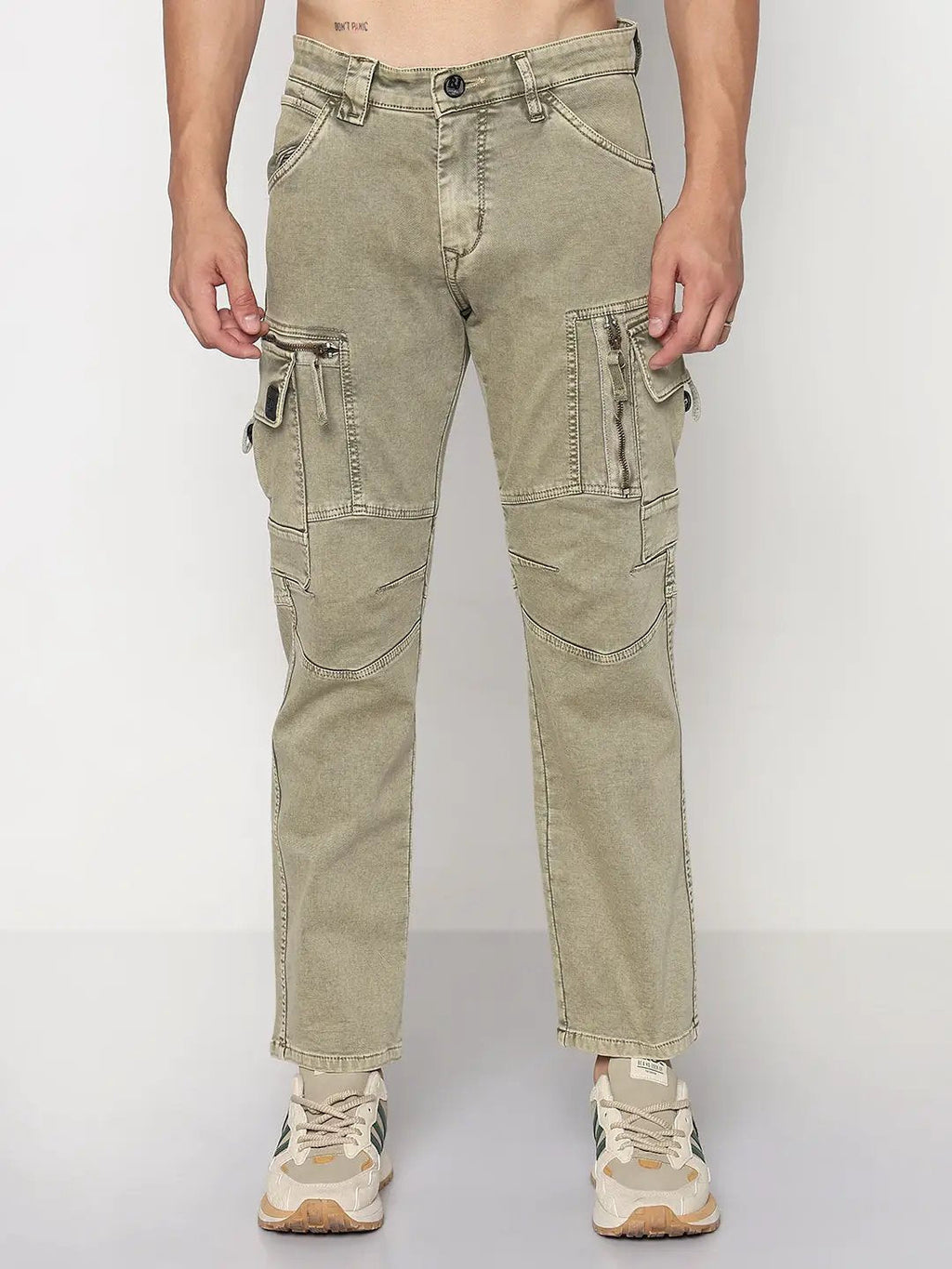 Men's Khaki Straight Fit Cargo Jeans with Zipper Detailing