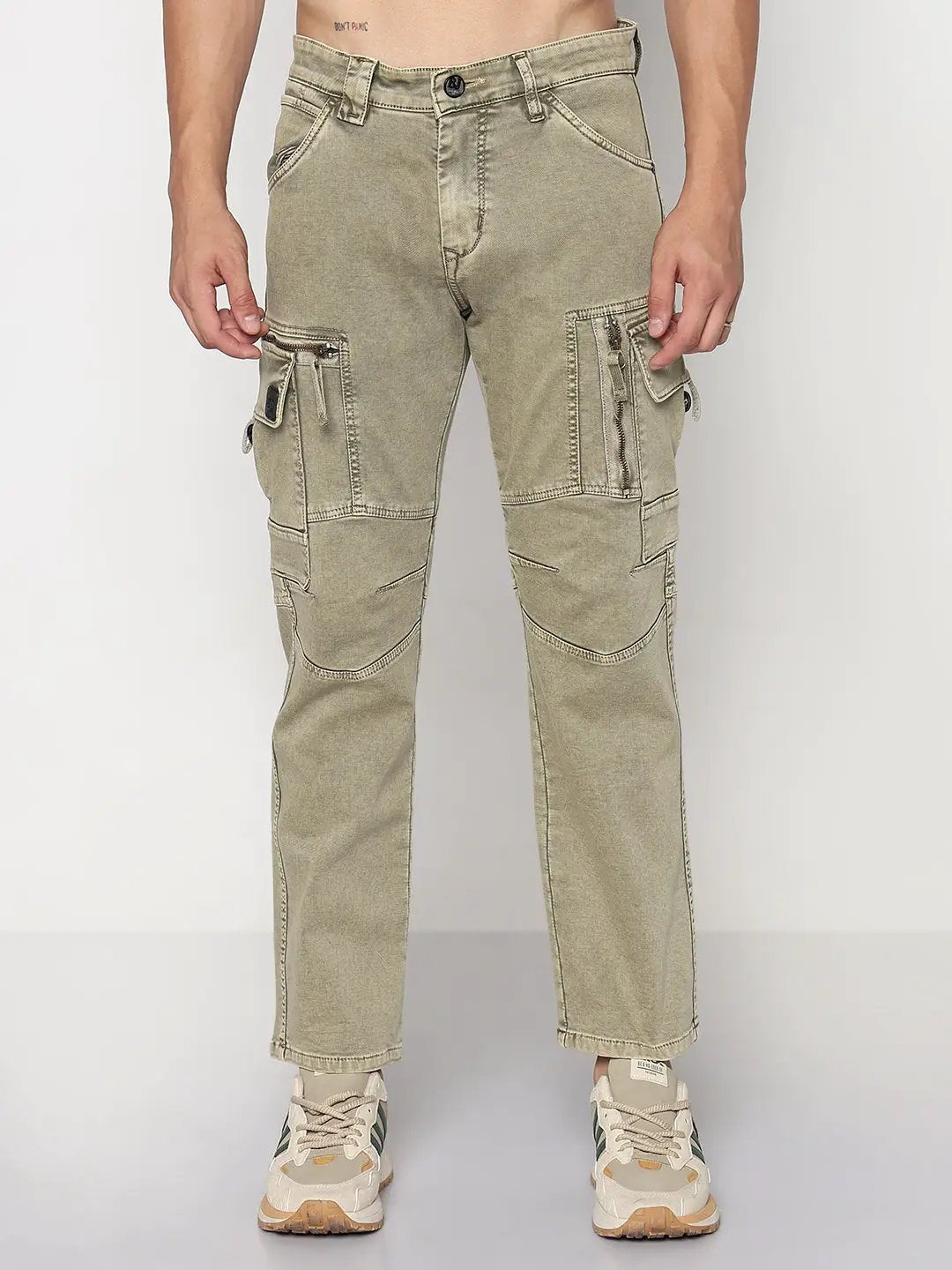 Men's Khaki Straight Fit Cargo Jeans with Zipper Detailing