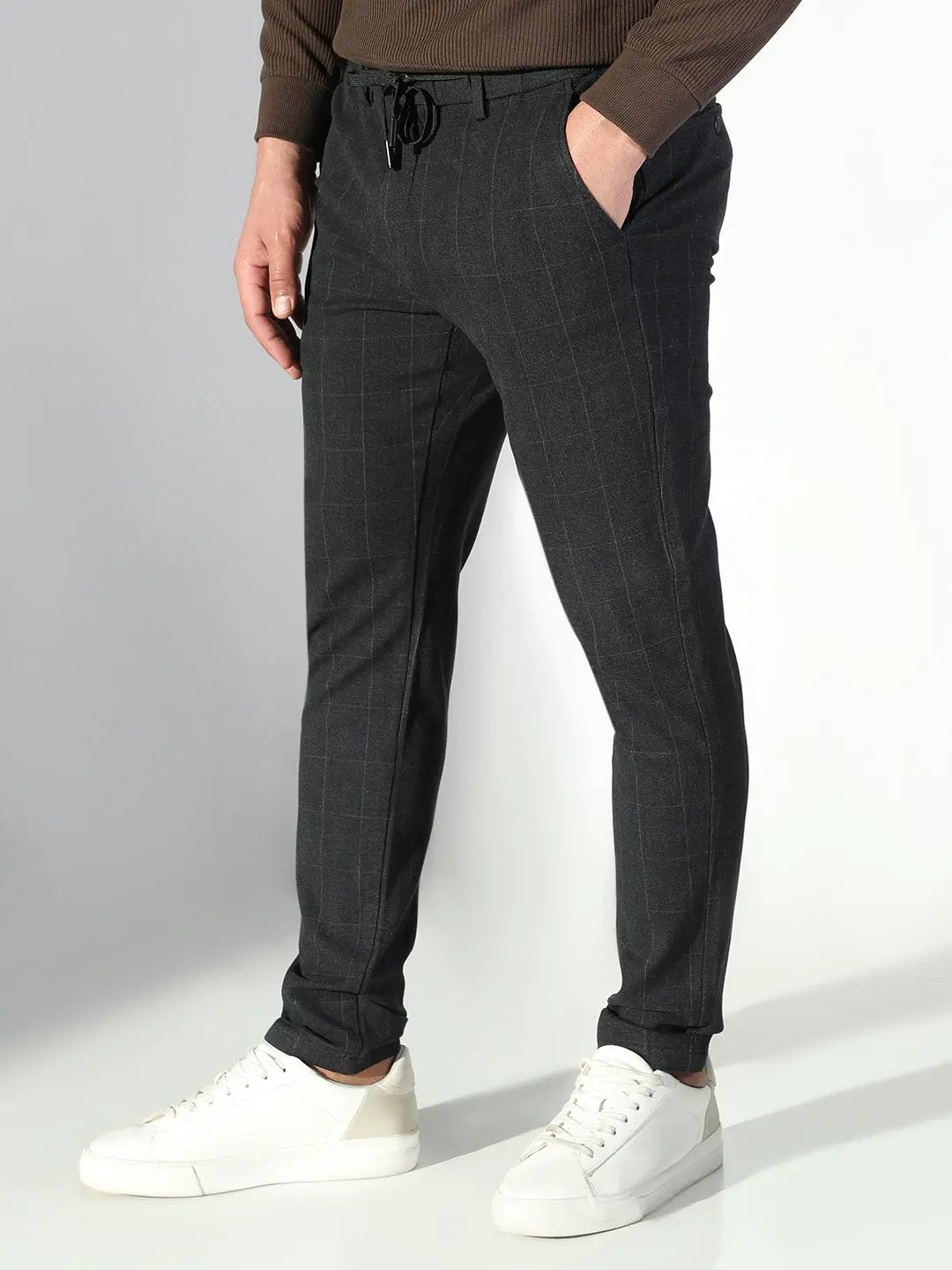 Men's Black Checked Slim Fit Trousers