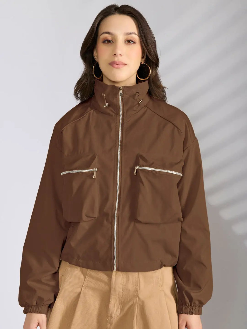 Women's Brown Utility Zip-Up Bomber Jacket with Toggled Hem