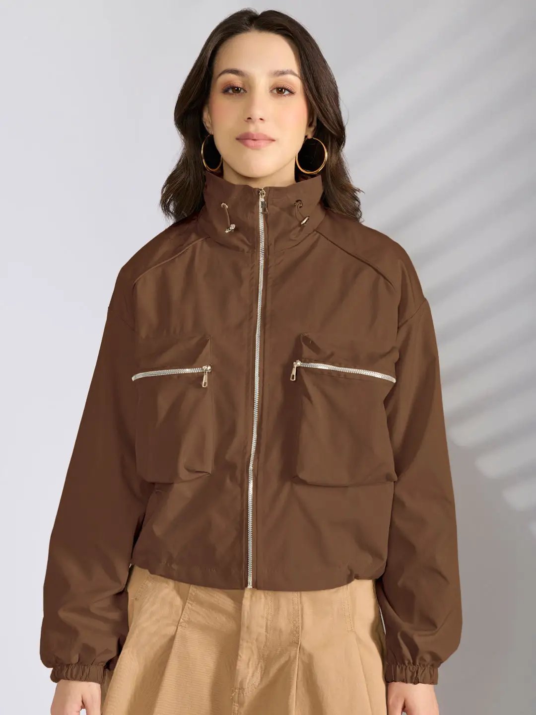 Women's Brown Utility Zip-Up Bomber Jacket with Toggled Hem