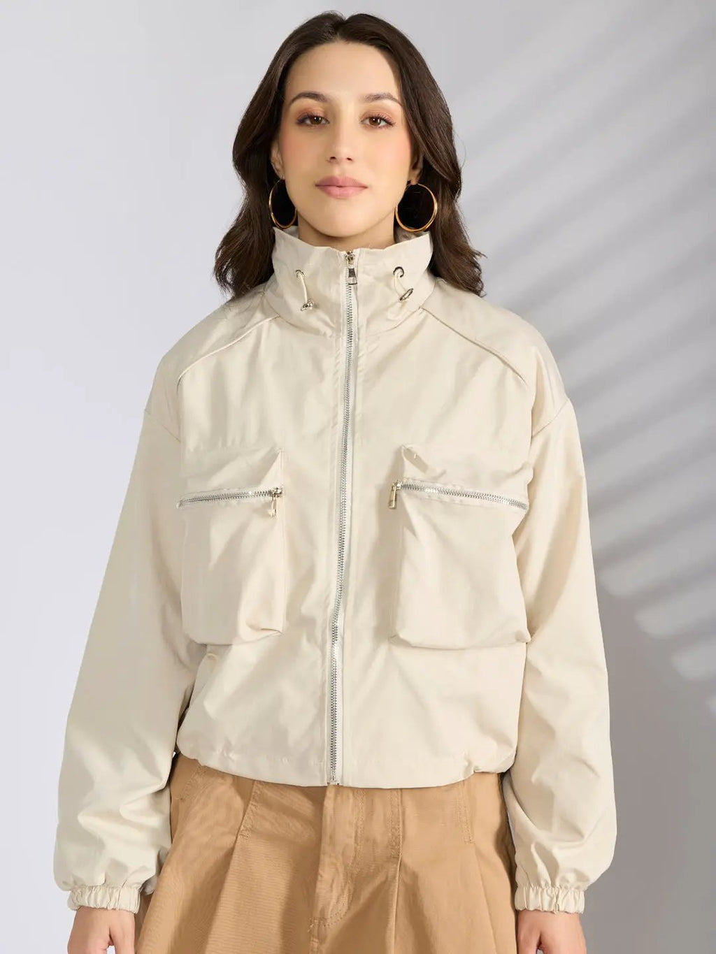 Women's Cream Utility Zip-Up Bomber Jacket with Toggled Hem