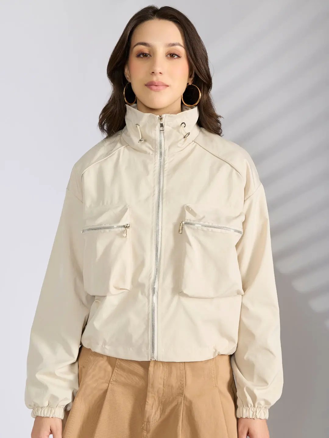 Women's Cream Utility Zip-Up Bomber Jacket with Toggled Hem