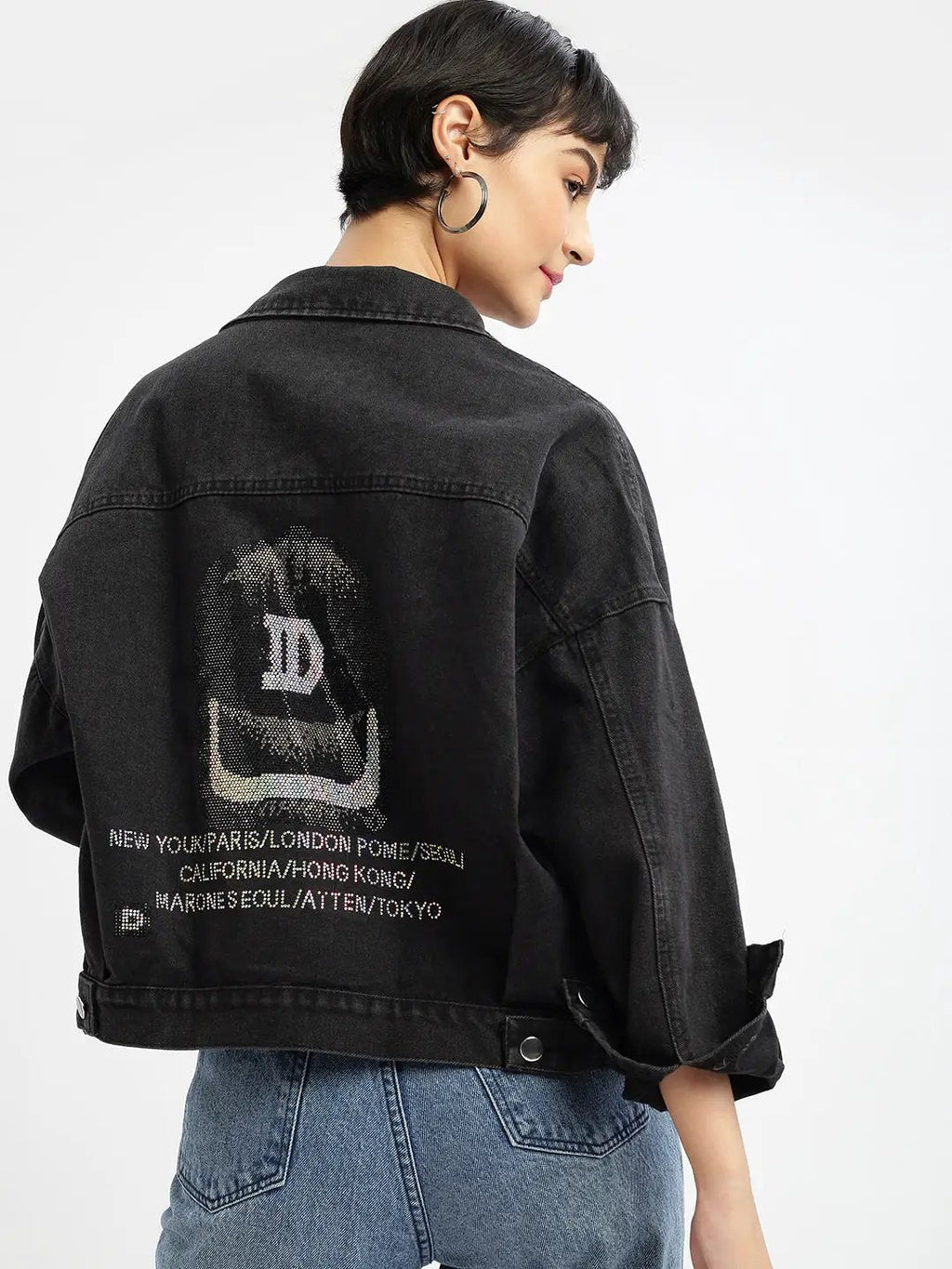 Women's Black Spread Collar Solid Casual Windcheater Denim Jacket