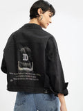 Women's Black Spread Collar Solid Casual Windcheater Denim Jacket