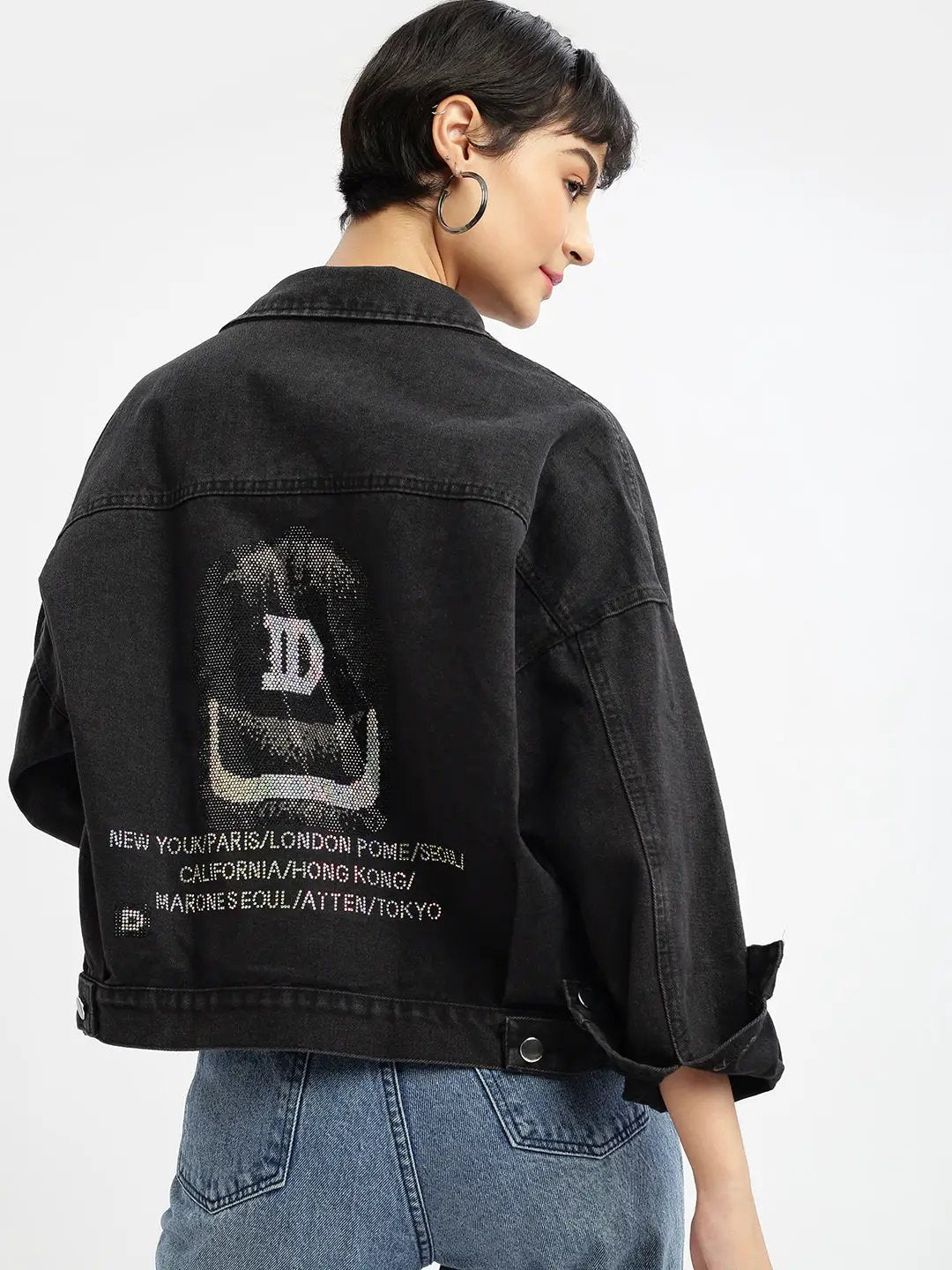 Women's Black Spread Collar Solid Casual Windcheater Denim Jacket