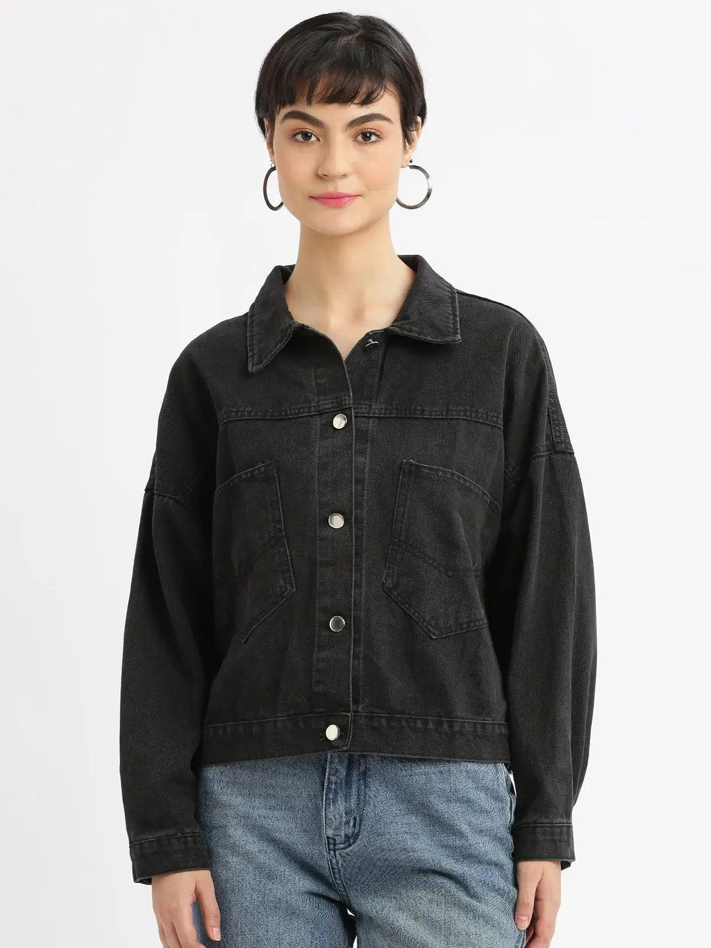 Women's Black Spread Collar Solid Casual Windcheater Denim Jacket
