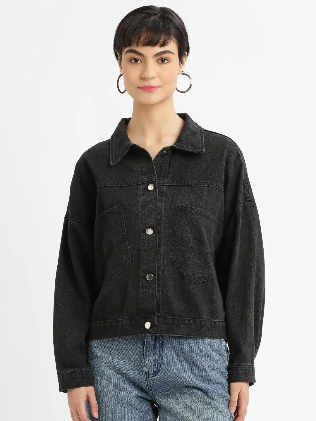 Women's Black Spread Collar Solid Casual Windcheater Denim Jacket