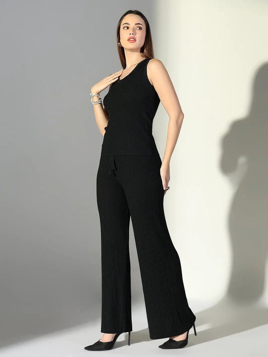 Women's Ribbed Black Sleeveless Tank Top with Pants Co-Ords Set
