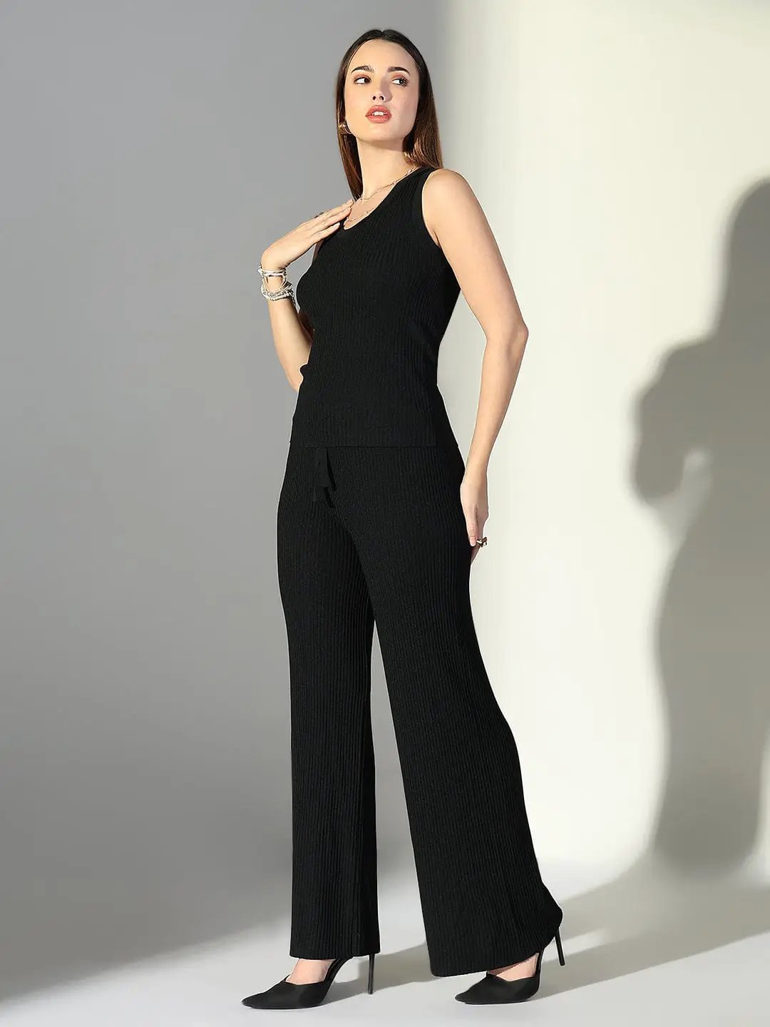Women's Ribbed Black Sleeveless Tank Top with Pants Co-Ords Set