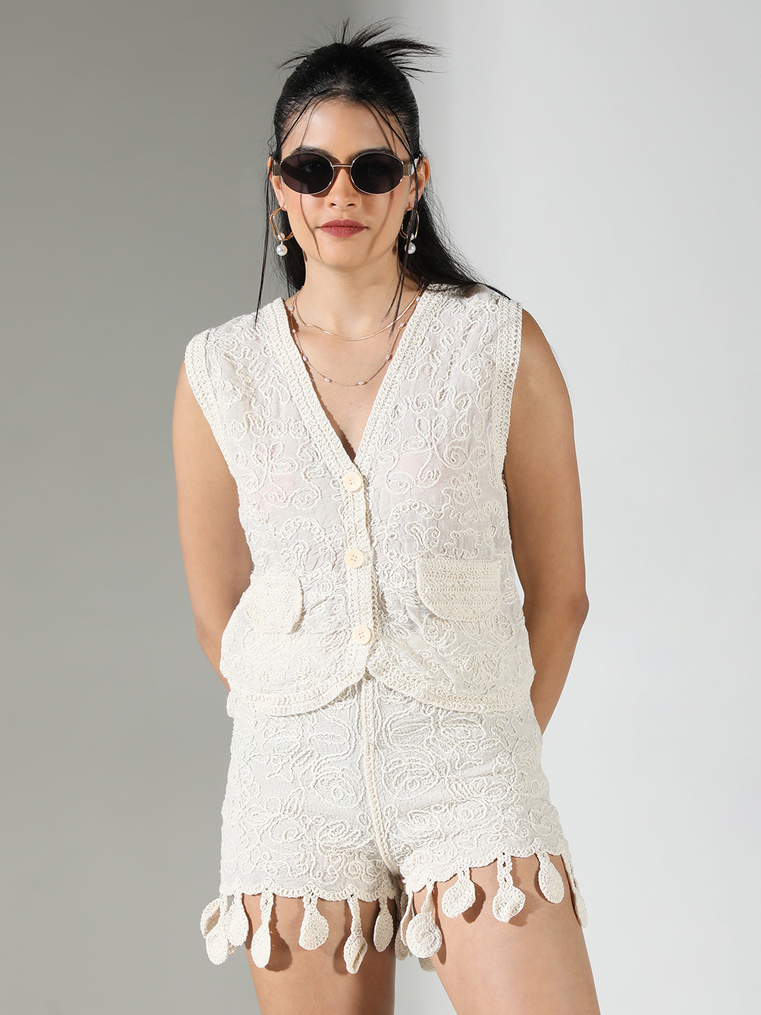 Women's Embroidered Cream Vest Top with Mini Shorts Co-Ords Set