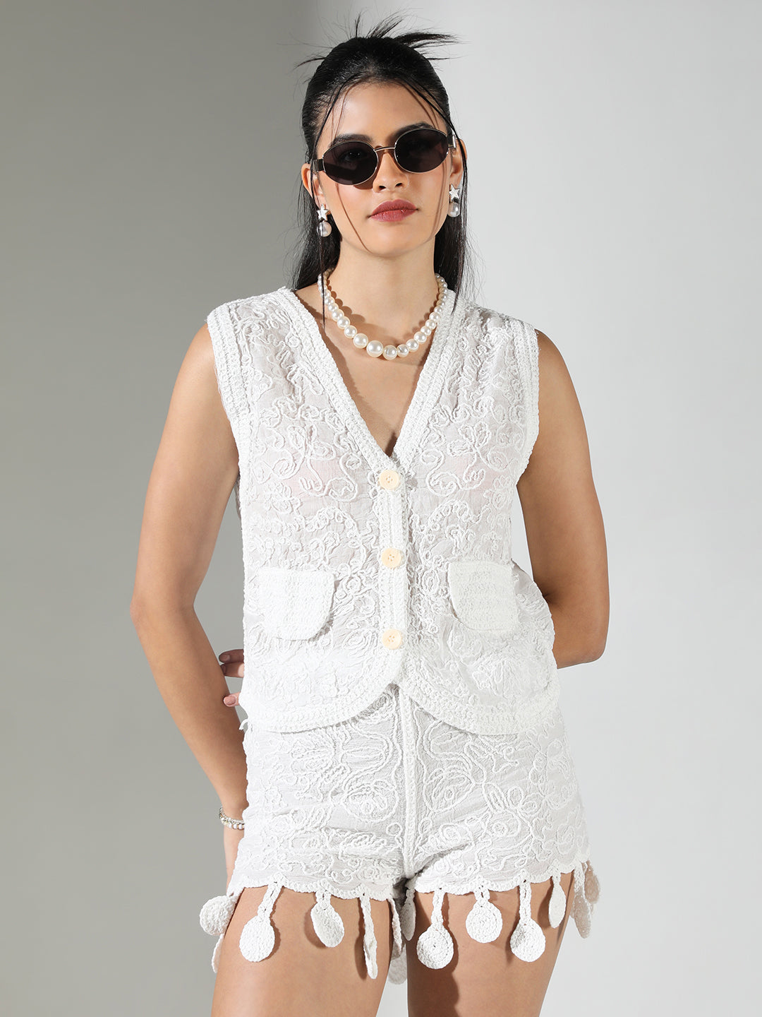 Women's Embroidered White Vest Top with Mini Shorts Co-Ords Set