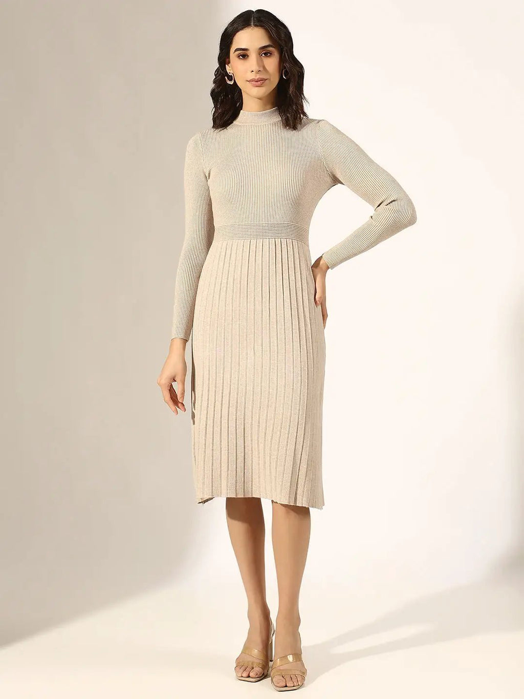 Women's Beige Knitted Fit and Flare Midi Dress