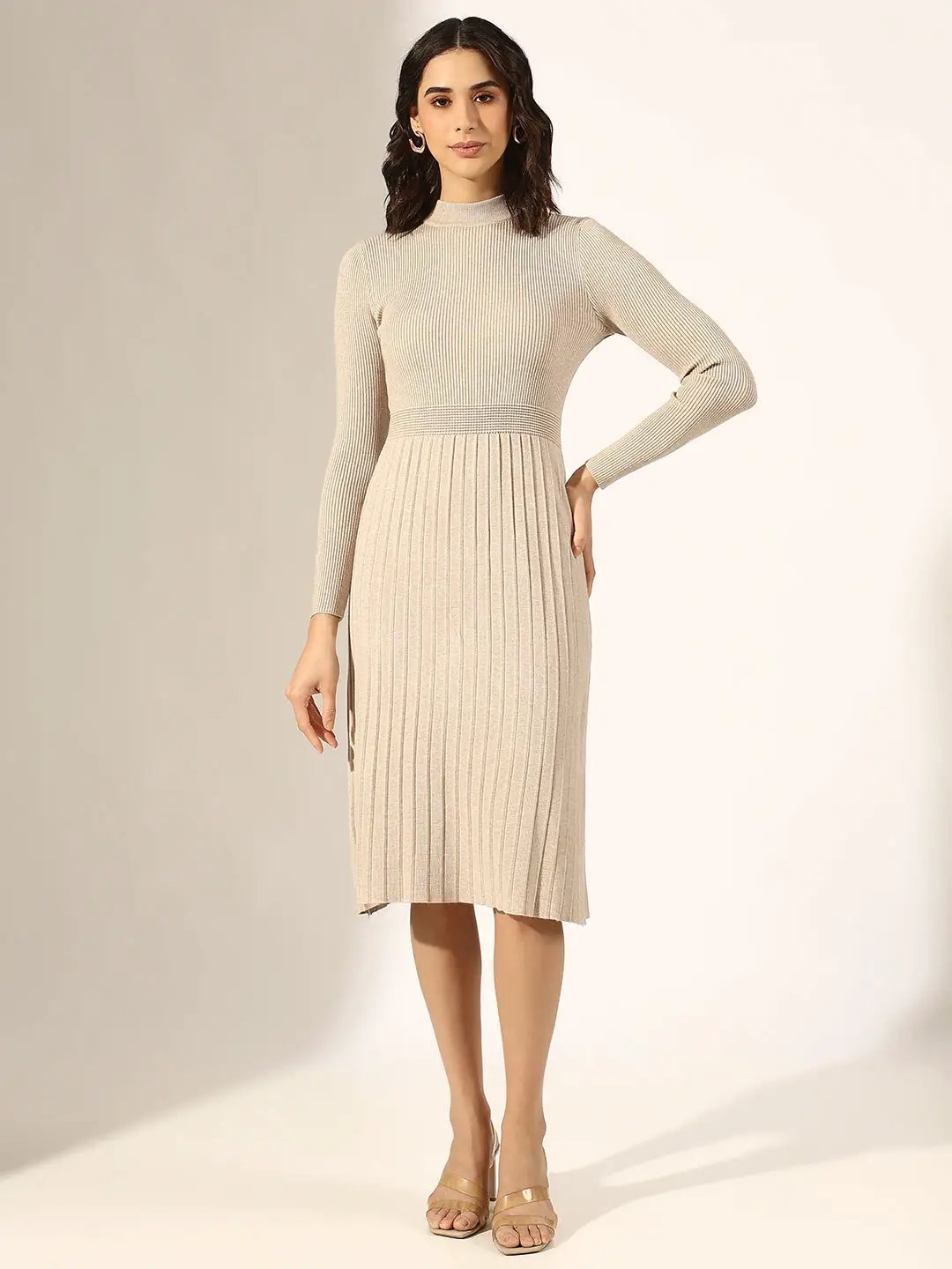 Women's Beige Knitted Fit and Flare Midi Dress