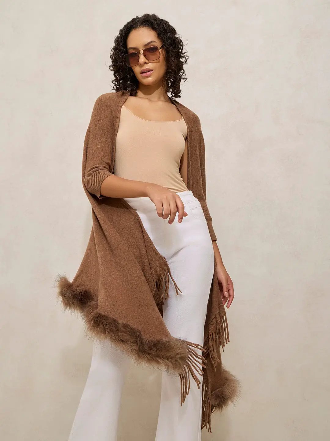 Women's Brown Faux Fur Trim Open Front Poncho with Fringe Detailing