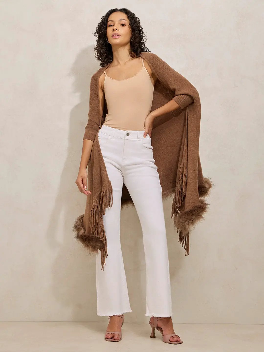 Women's Brown Faux Fur Trim Open Front Poncho with Fringe Detailing