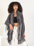 Women's Solid Grey Fringed Edge Poncho