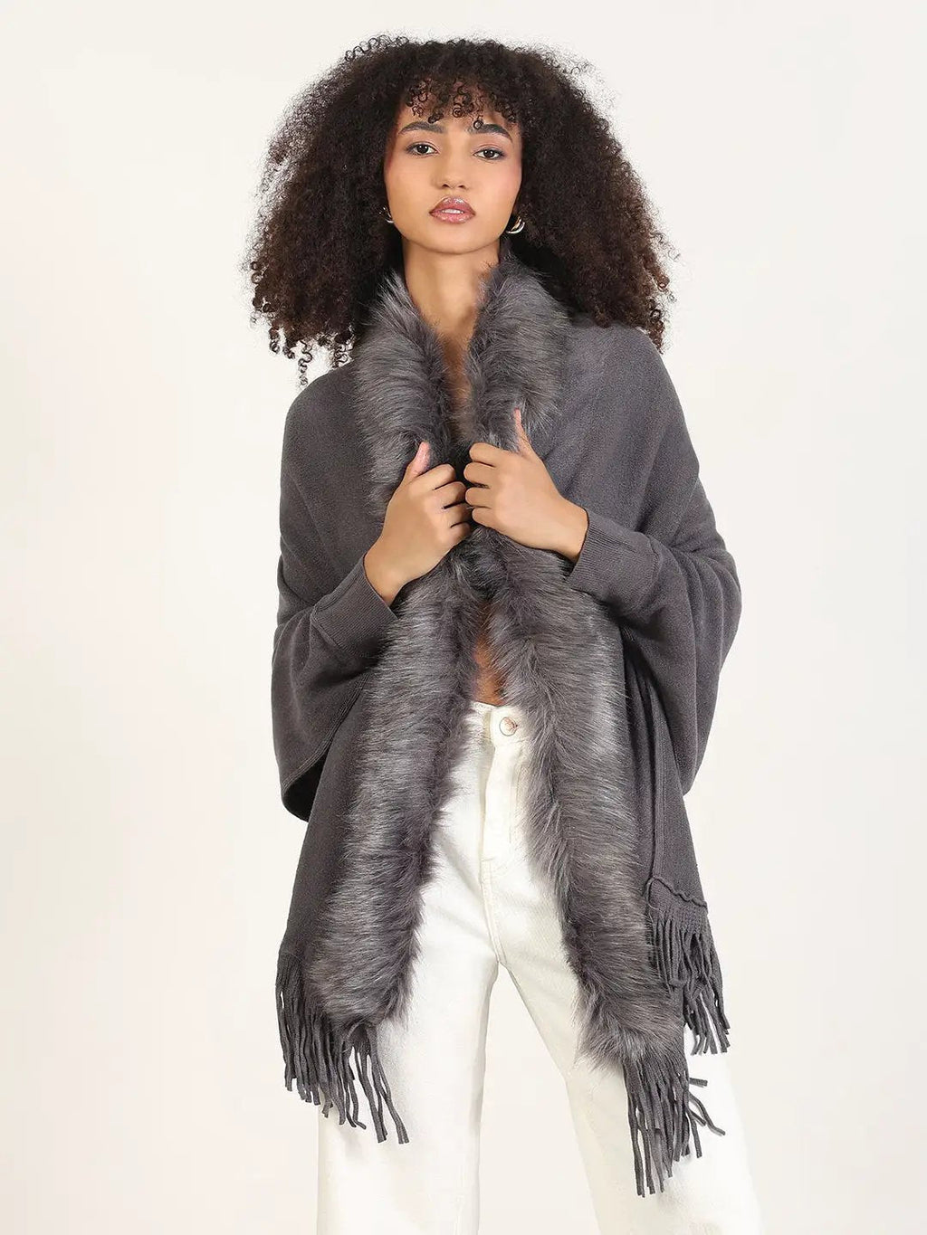 Women's Solid Grey Fringed Edge Poncho