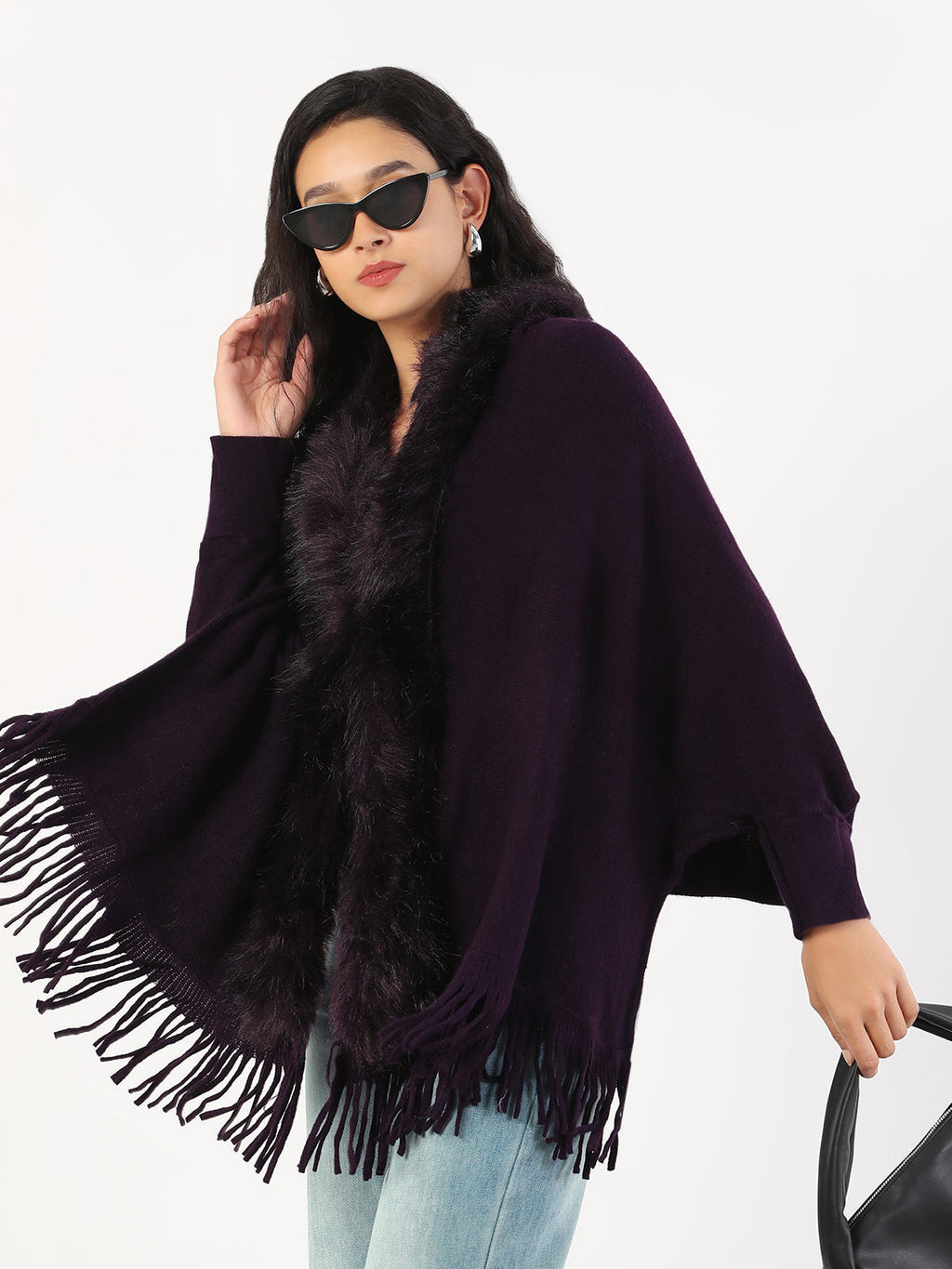 Women's V-Neck Solid Purple Longline Poncho