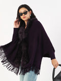 Women's V-Neck Solid Purple Longline Poncho