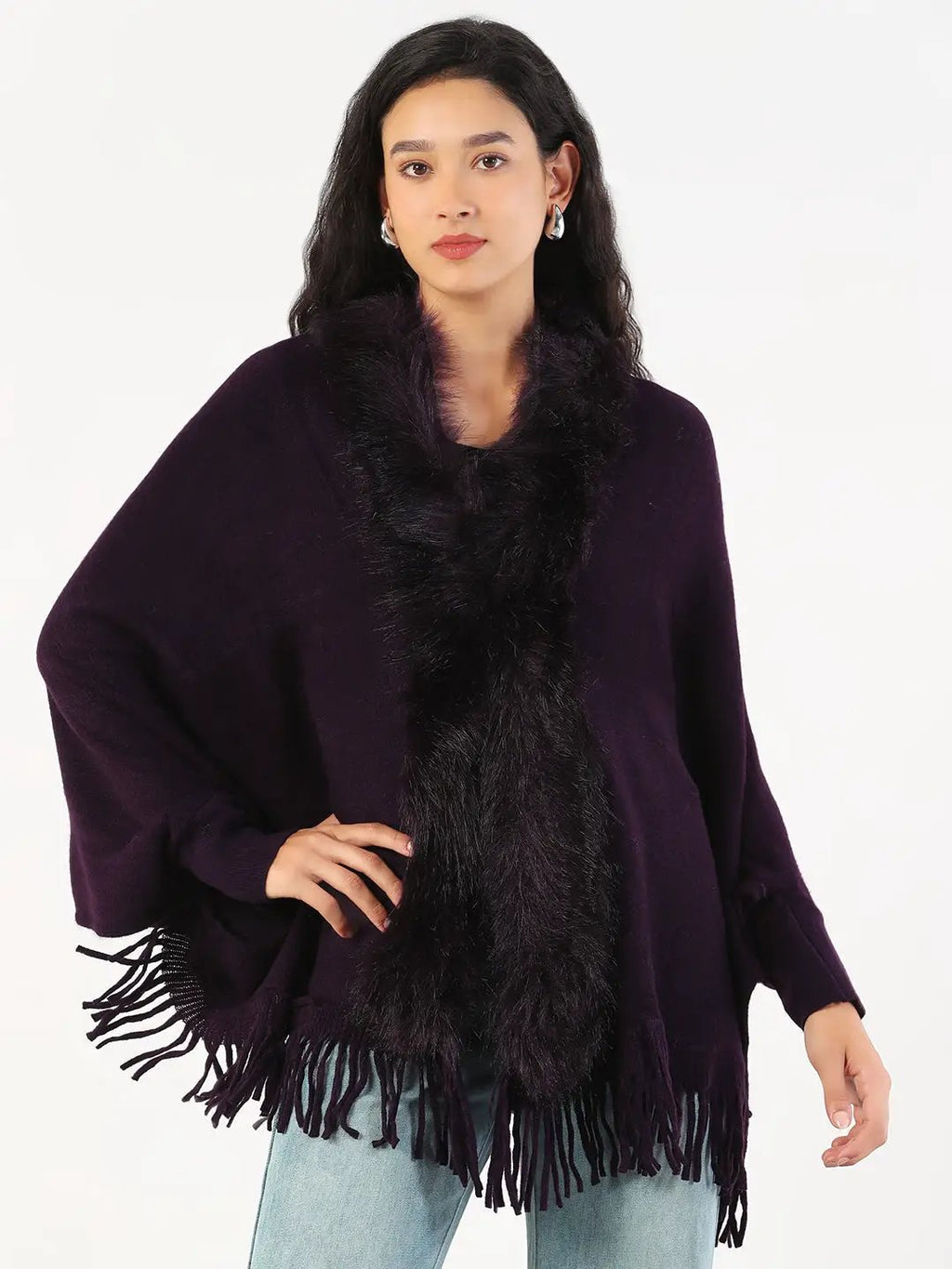 Women's V-Neck Solid Purple Longline Poncho