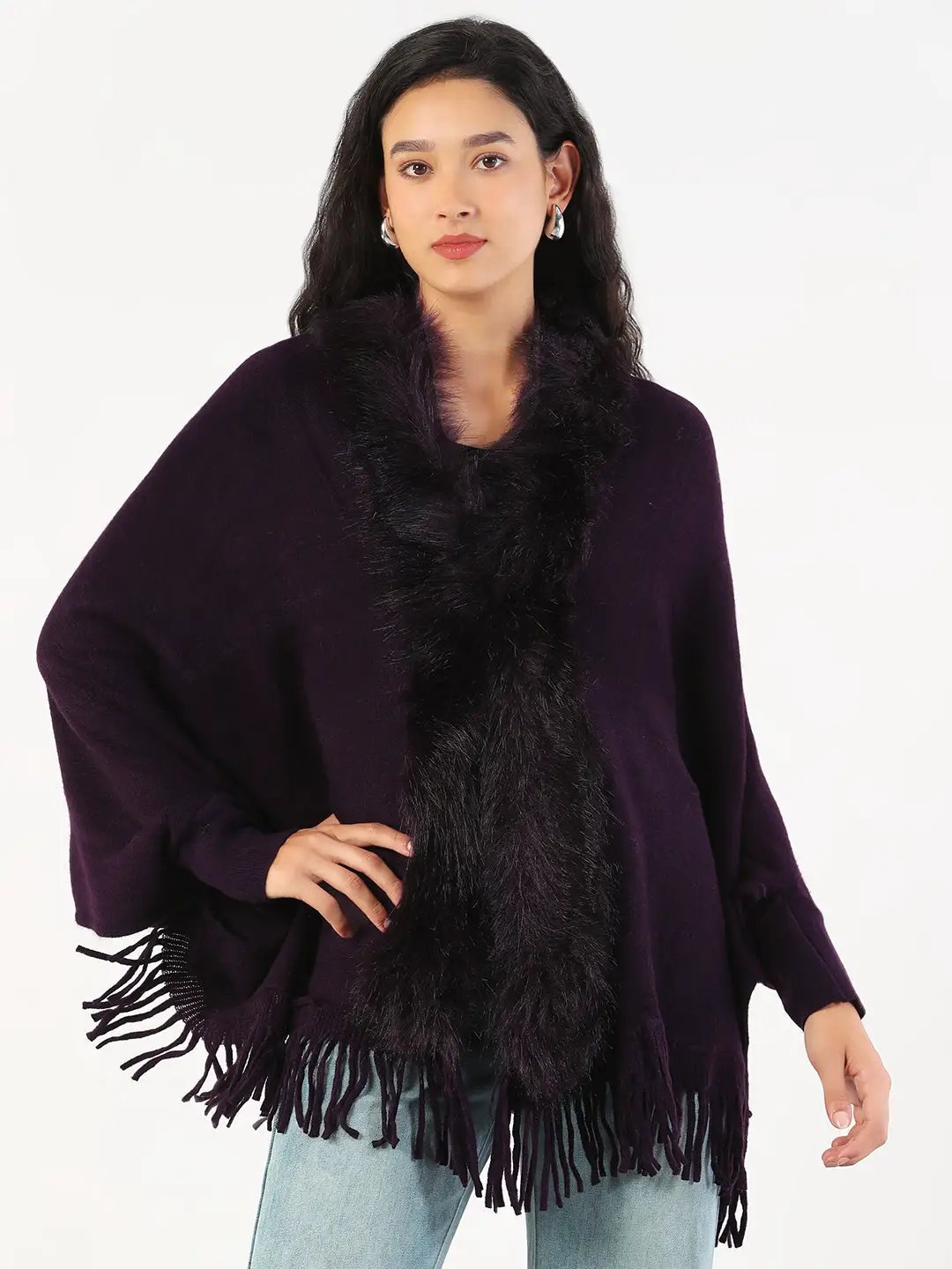Women's V-Neck Solid Purple Longline Poncho