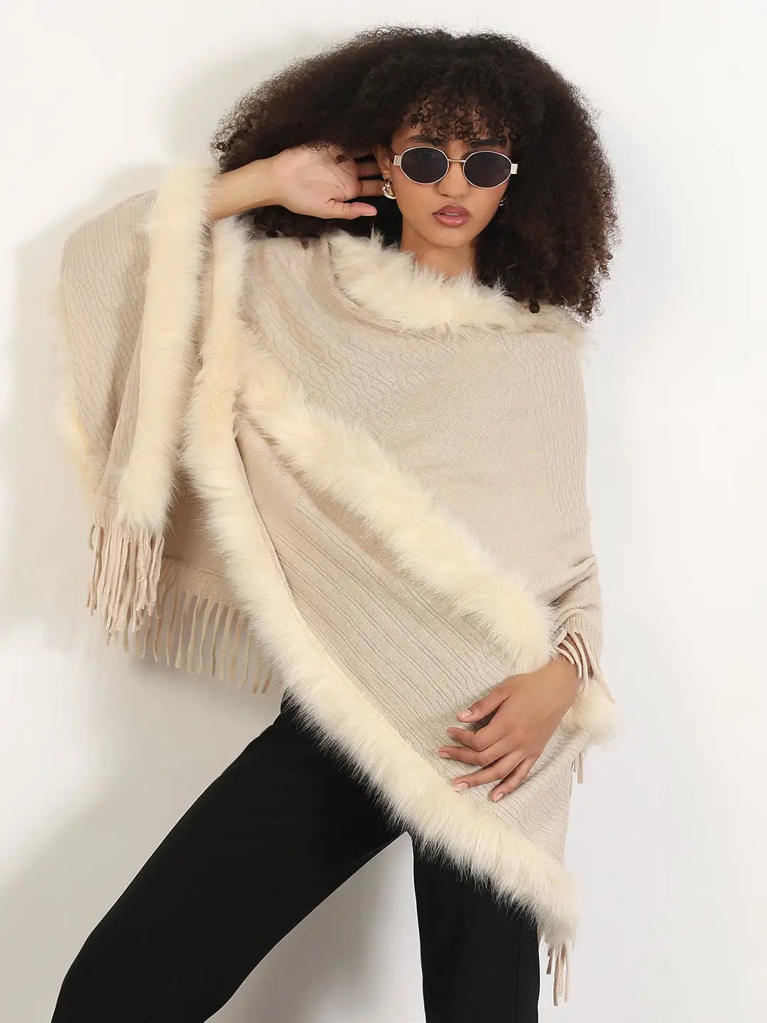 Women's Solid Cream Fringed Edge Poncho