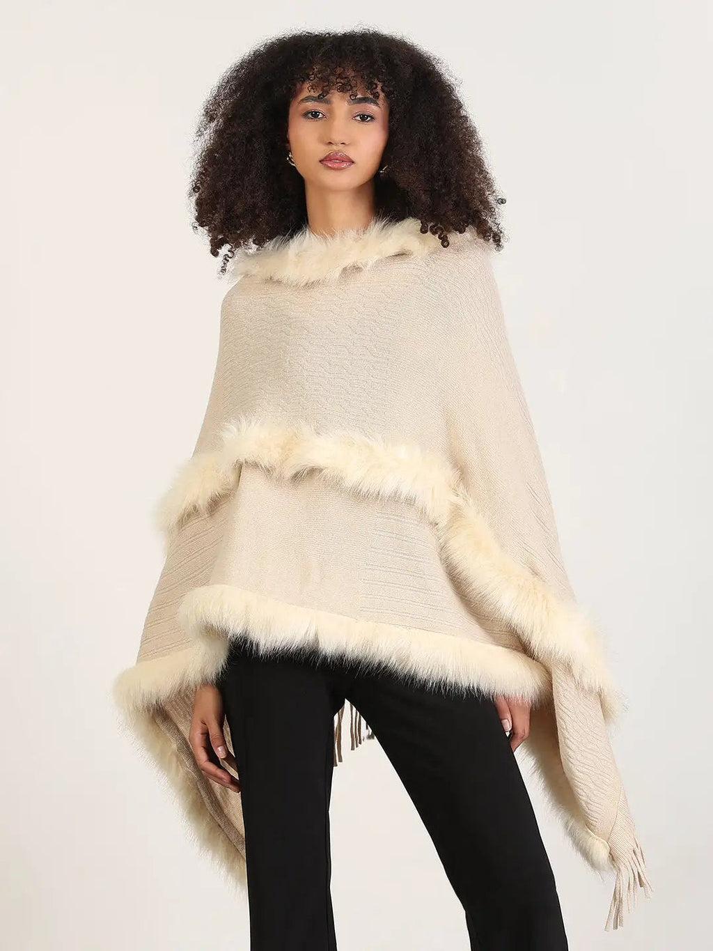 Women's Solid Cream Fringed Edge Poncho