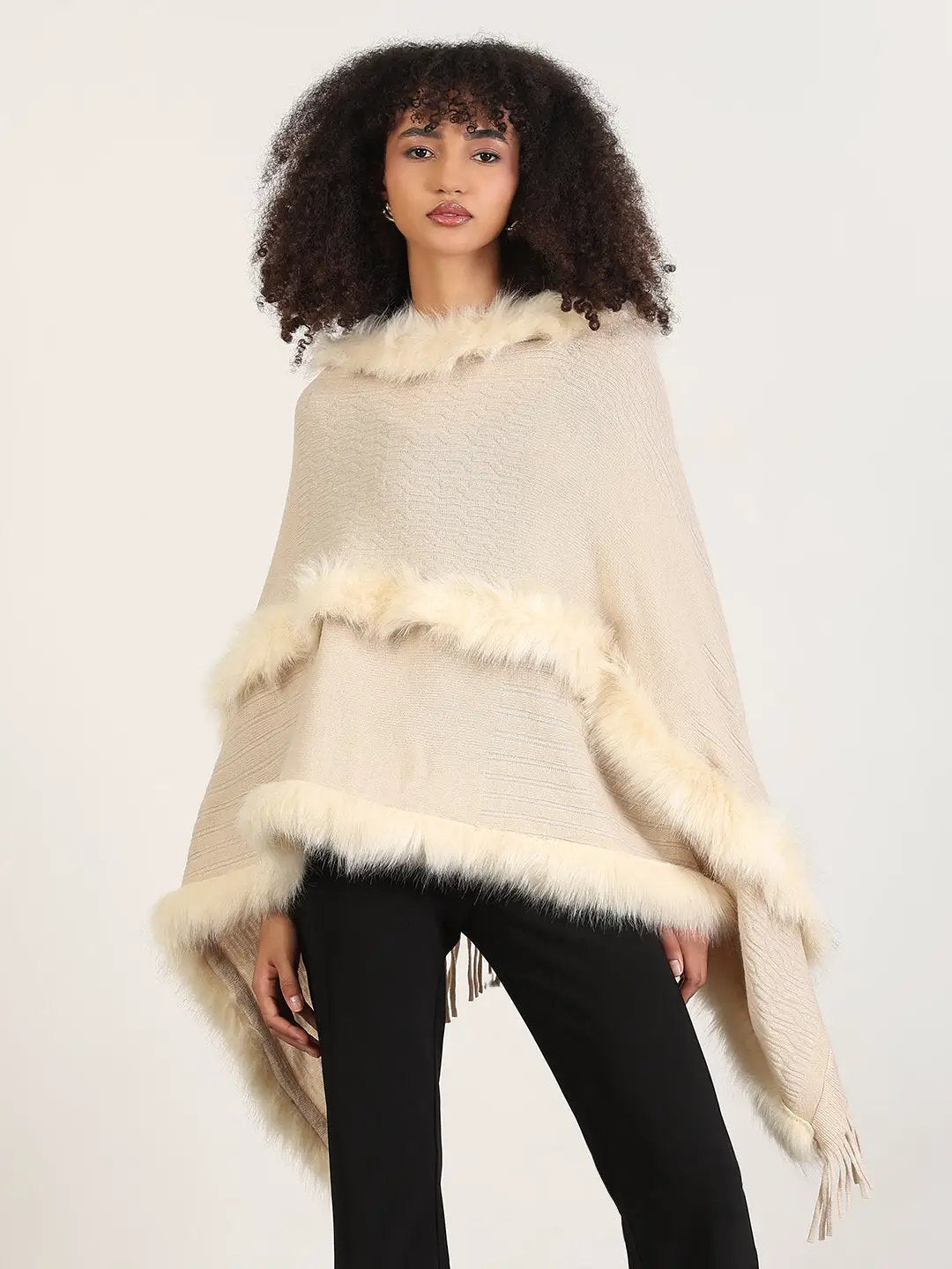Women's Solid Cream Fringed Edge Poncho