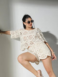 Women's Crochet Cream Round Neck Top with Shorts Co-Ords Set