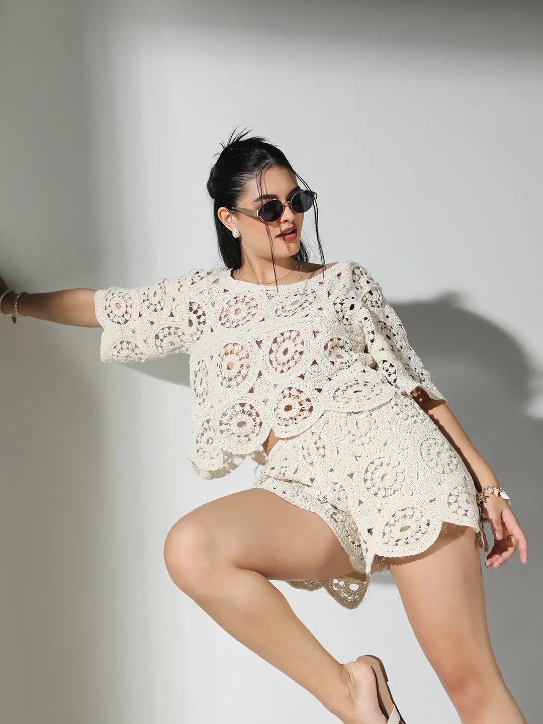 Women's Crochet Cream Round Neck Top with Shorts Co-Ords Set